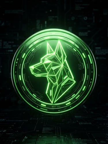 Sleek 3D digital render of a neon-green coin with a stylized geometric dog silhouette, high-contrast glowing studio light, futuristic fintech aesthetic