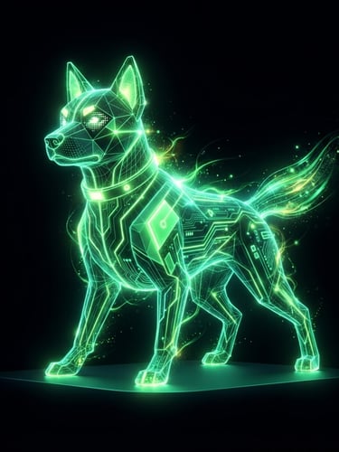 Sleek 3D digital render of a stylized neon-green holographic dog mascot, high-contrast glowing studio light, futuristic fintech aesthetic, solid black background