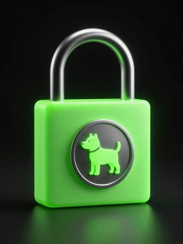 Sleek 3D digital render of a glowing neon-green padlock protecting a digital dog coin, high-contrast black background, studio-lit, futuristic fintech aesthetic
