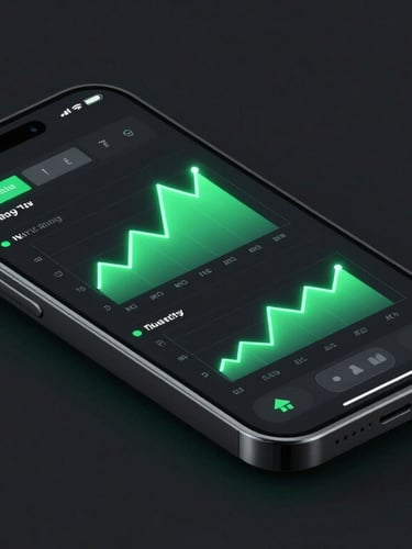 Sleek 3D digital render of an isometric smartphone displaying a clean retail trading app UI with neon-green charts, high-contrast digital glow