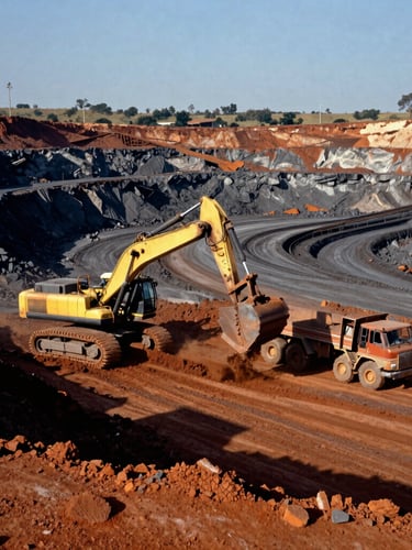 Industrial documentary photography of an active open-pit iron ore mine in Minas Gerais, massive hydraulic excavators loading orange-rust earth into heavy haul trucks under low-sun dramatic daylight, high contrast, 35mm.