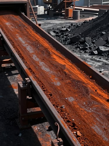 Industrial conveyor belt transporting raw iron ore from a processing plant, high contrast, dramatic low-sun lighting highlighting the textured rust-orange mineral dust, wide environmental shot, 35mm