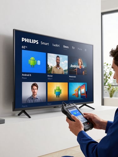 A close-up of a modern 65-inch Philips Smart TV displaying a bright, high-definition Android TV home screen. The TV is mounted on a clean white wall in a premium, brightly lit Bogotá living room. To the side, the hands of a professional technician in a clean uniform are holding a precise digital diagnostic tool near the bezel. Natural window light.