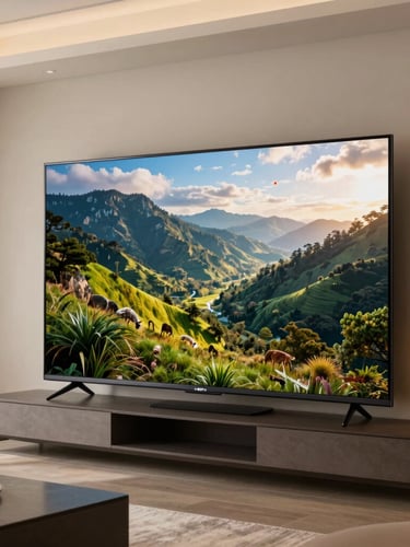Wide environmental shot of a premium Bogotá living room, a massive 65-inch Philips Smart TV displaying a vibrant cinematic landscape on the wall, warm ambient lighting