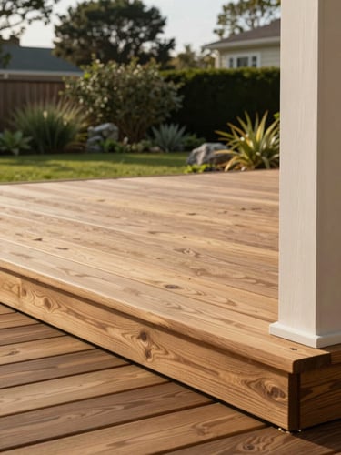 Wide environmental shot framed from the right canvas edge, a finished hardwood deck extending into a mature garden under soft afternoon daylight, close-up of grain-matched decking boards and clean structural posts visible in the foreground, the deck sitting low within its actual landscape, no people, no furniture clutter