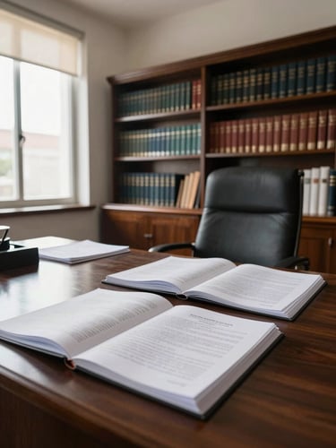 Wide shot of a Peruvian law office interior, open case files spread across a dark wood desk, organized legal bookshelves along the wall, natural north-facing daylight from a window to the left, precise and composed atmosphere, no people