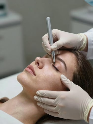 Close-up of dermatologist's hands in sterile gloves performing precise facial mapping on a patient with clean healthy skin, soft directional studio lighting, elegant clinical setting