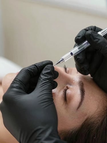Close-up of dermatologist hands in sterile black gloves performing a precise facial injection, soft natural side light, focus on needle tip