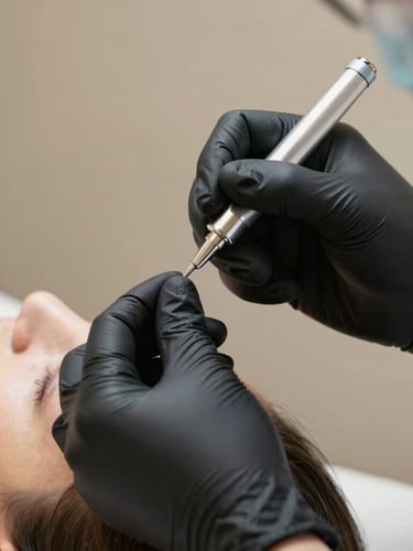 A close-up of precise clinical hands in sterile black gloves performing an aesthetic procedure on a patient under soft, directional studio light, clean warm background.