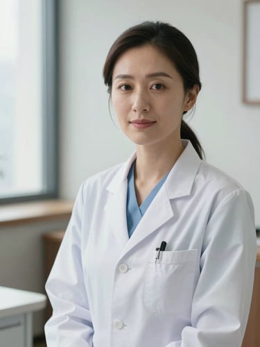 Elegant and natural portrait of a female clinician in a refined consultation room, soft natural light, professional and prestigious medical atmosphere.