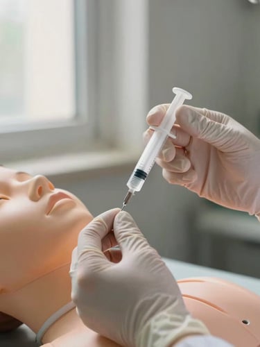 Close-up of precise hands-on clinical training, sterile gloved hands using a syringe on a simulated anatomical model, soft daylight coming from a side window, warm tones.