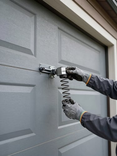Wide side-angle shot of a technician's gloved hands replacing a coiled torsion spring on a residential garage door, overcast natural daylight, metal hardware and door panels filling the frame, no staging
