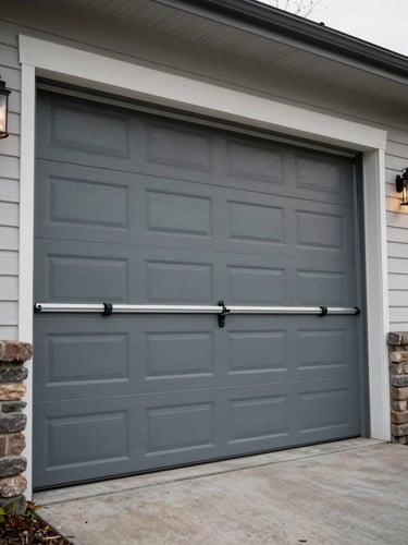 Wide shot of a residential garage door exterior, overcast morning light, door partially open revealing spring hardware and metal tracks, documentary framing from slight low angle, muted grays