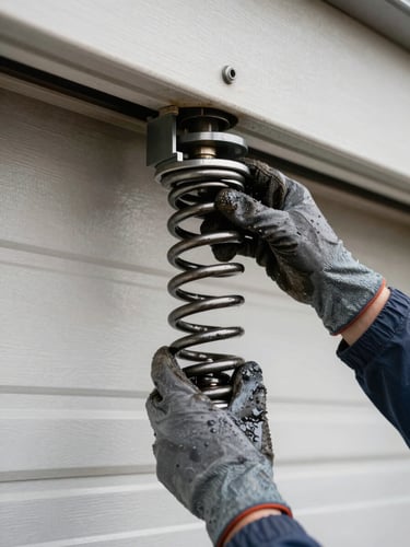 Close-up of a technician's gloved hands adjusting a garage door torsion spring, natural overcast daylight from the left, worn metal hardware and grease visible, shot from slightly above at a side angle