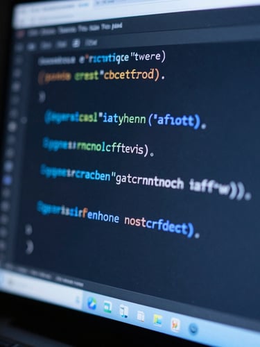 Macro close-up of clean code on a high-resolution screen with cool blue ambient glow, shallow depth of field, 35mm