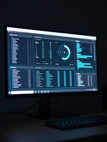 Sleek minimalist dark workspace with a glowing monitor displaying clean cyan data visualizations, low-key ambient screen glow, macro depth of field, 35mm