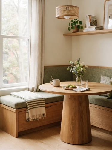Warm editorial photography of a fully styled corner breakfast nook in a modern apartment, soft morning window light, rich oak wood, green fabric, showing spatial efficiency, shallow depth of field, 35mm