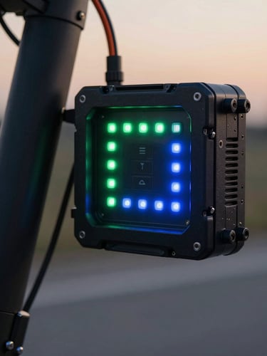Close-up of a rugged vehicle telematics hardware unit glowing with green and blue LED status lights, mounted on an electric scooter frame at dusk.
