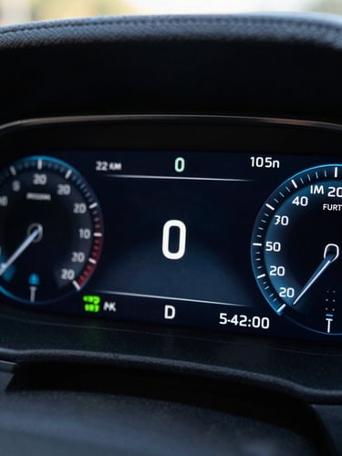 Macro shot of a high-contrast dark mode dashboard interface displaying real-time vehicle telemetry, glowing blue data streams, and green status indicators on a dark screen