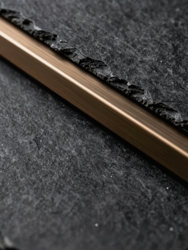 Macro architectural detail of premium building materials, dark slate panels meeting brushed bronze trim in sharp linear geometry, dramatic low-key lighting