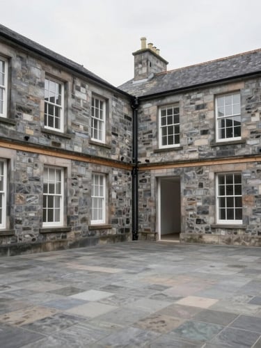 Renovated interior of a commercial stone building in Scotland, clean timber joints, natural light from tall windows, ready-for-occupancy empty space