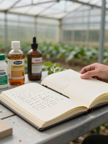 Agricultural field technician's notebook open on a greenhouse bench, handwritten crop notes and formulation data visible, product bottles in the background blurred, natural daylight from greenhouse panels above, documentary close-up framing