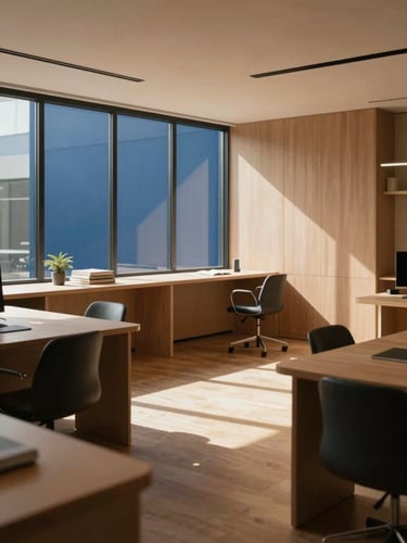 Wide architectural shot of a modern creative workspace with crisp shadows, warm tan tones, minimalist design, soft natural light, 35mm