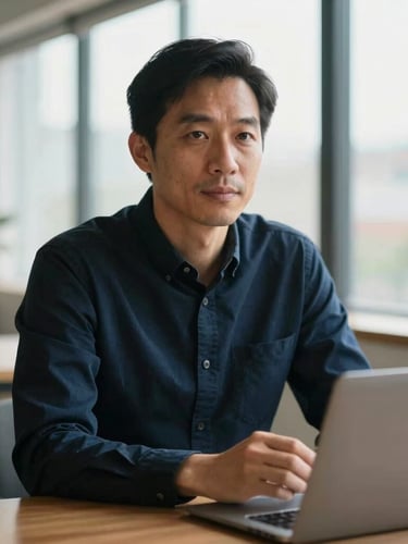 Editorial portrait of a focused B2B strategist in a modern workspace, soft natural window light, deep blue and rich tan tones, shallow depth of field, 35mm.