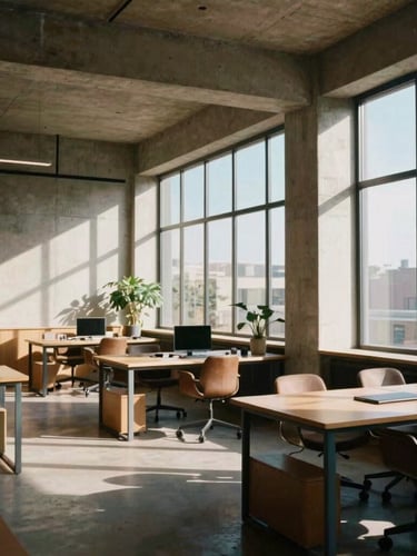 Editorial wide-angle architectural shot of a modern, sunlit concrete and glass creative workspace, soft shadows, warm tan accents, 35mm photography