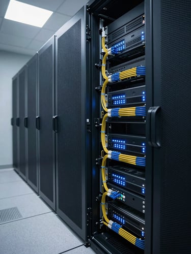 Wide shot of a dense server rack installation from the side, cables routed in tight color-coded bundles along the vertical rails, indicator LEDs glowing blue, shot under cool white fluorescent light in a clean data center, no people visible