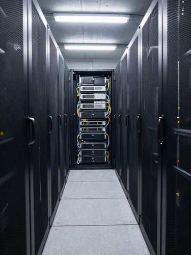 Wide shot of a server room interior, dense rack-mounted equipment with neatly routed cables, cold-aisle containment visible, overhead fluorescent lighting casting even white light across the equipment faces, shot from the end of the row looking down the aisle