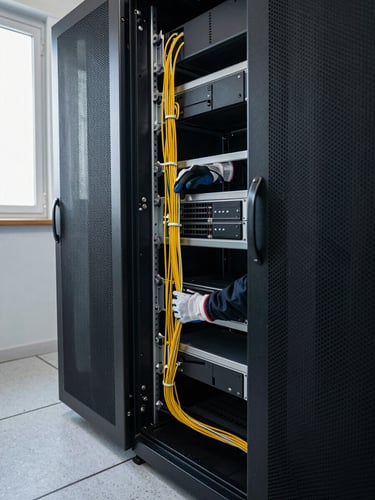 Wide shot of an open server rack during installation, technician's gloved hands routing cables along vertical cable manager, natural window light from the left, clean concrete floor visible below rack, no face shown