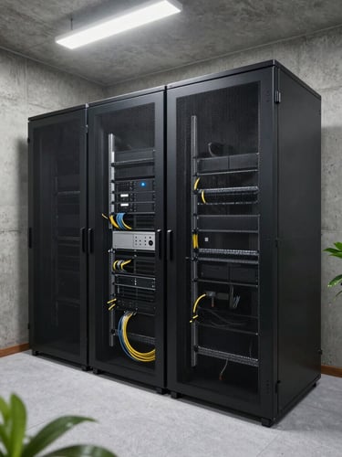 Wide environmental shot of a small server room in a tropical office building, two rack units installed against a concrete wall, overhead fluorescent lighting, neat cable routing visible, no people present