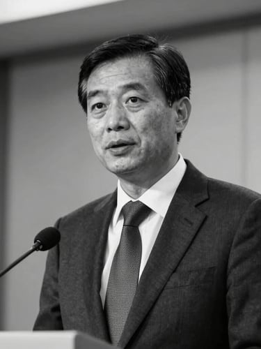 High-contrast black and white portrait of a corporate spokesperson speaking confidently at a press briefing, professional setting, soft focus background.
