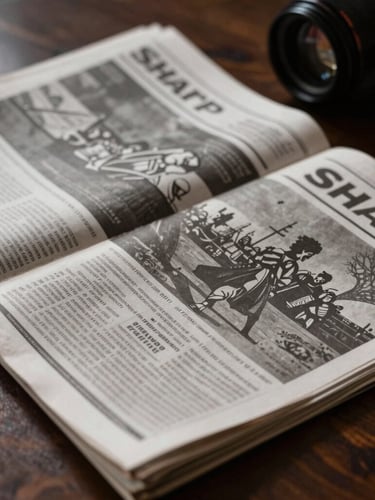 Sharp, high-contrast close-up of printed editorial layouts and broadsheet newspapers on a dark wooden table, dramatic side lighting highlighting the ink texture.