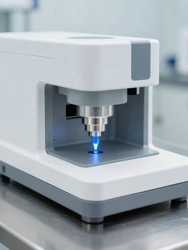 High-tech medical device prototype on a sterile stainless steel surface, precision laser-blue alignment guide visible, crisp laboratory environment