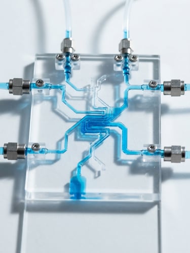 Macro photography of a sterile microfluidic drug delivery chip, laser-etched channels with precise blue liquid flow, high-key clinical white lighting, sharp shadows