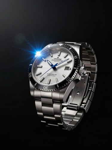 Ultra-wide 21:9 cinematic frame, a high-end luxury watch floating in absolute black space, dramatic side-lighting showing metallic dust particles, sharp anamorphic blue lens flare on the bezel.