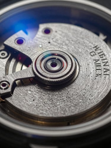 Extreme macro close-up of a premium watch movement, dramatic low-key side lighting, volumetric dust particles, anamorphic blue lens flare, photorealistic rendering.