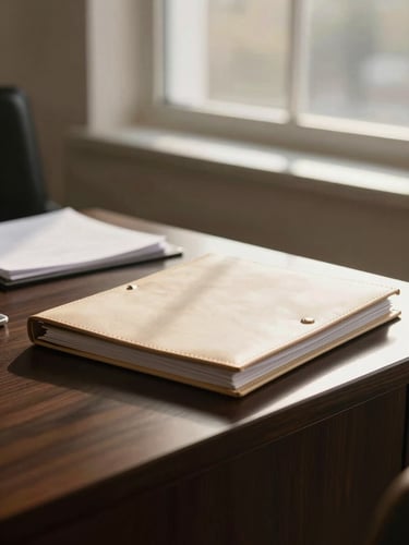 A structured, sunlit consultation office with neat leather folders on a dark oak desk, warm window light, shallow depth of field