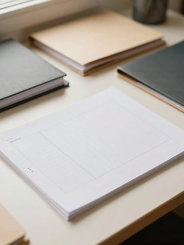 Overhead flat-lay of structured paperwork and neatly organized folders on a warm cream desk, soft natural window light, editorial composition, 35mm