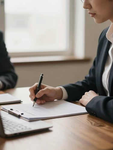 A professional consultation in a warm-toned office, structured paperwork on a wooden table, soft natural window light, shallow depth of field