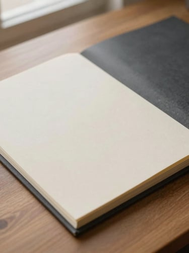An overhead flat-lay of structured cream paperwork and charcoal folders on a warm wooden desk, soft natural window light, shallow depth of field