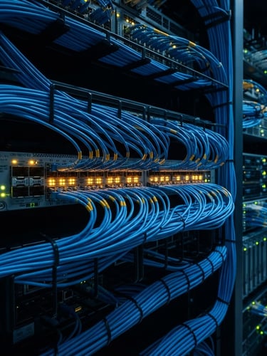 Macro photograph of organized blue fiber-optic cabling plugged into high-speed server switches, cool amber status LEDs, sharp focus, 35mm lens