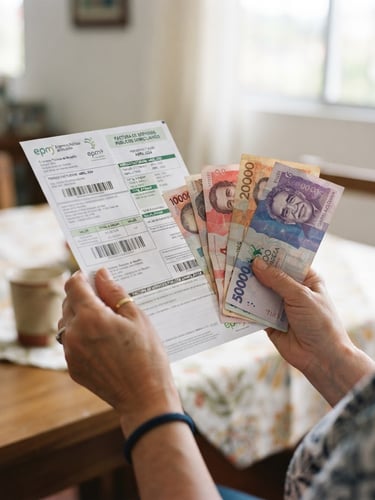 Hands holding a physical utility bill and Colombian pesos, bright commercial photography, clear indoor lighting, natural colors, 35mm