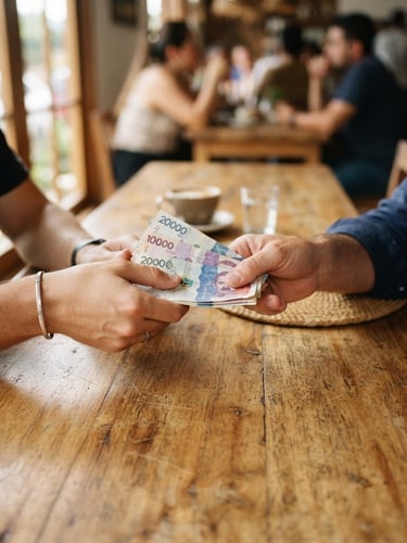 Hands exchanging Colombian pesos over a clean wooden table, bright natural indoor lighting, 35mm photography