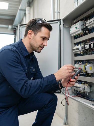 Professional technician in clean, branded uniform, inspecting a modern electrical panel with focused attention, bright neutral indoor lighting, sharp focus, 35mm lens, portrait aspect.