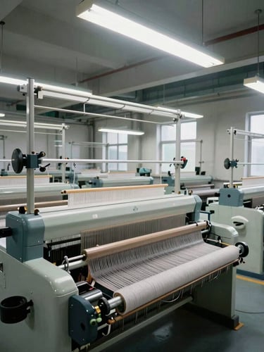 A wide-angle clean industrial loom room with rows of high-speed projectile looms operating under bright overhead industrial lighting, sharp focus, technical atmosphere.