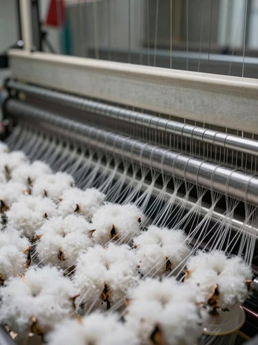 Sharp macro photograph of raw cotton warp threads under high-contrast industrial lighting, showing precise mechanical tension on a high-speed loom room background.