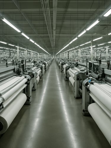 A vast industrial weaving room with rows of modern high-speed looms running under bright, clean overhead lighting.